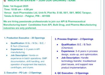 Aarti Pharmalabs Ltd – Walk-In Interview on 1st August 2025