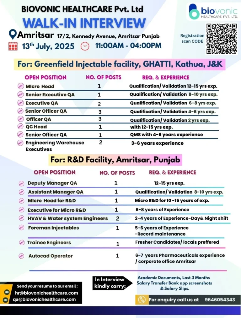 Biovonic Healthcare Pvt. Ltd – Walk-In Interview!
