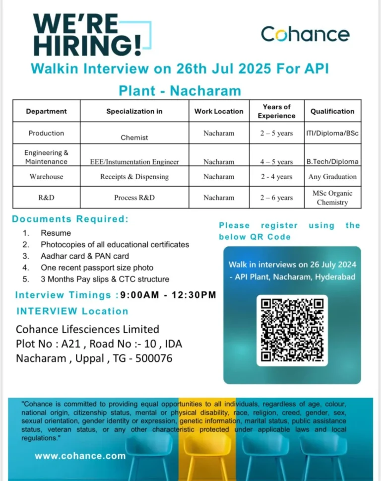 Cohance Lifesciences Walk-In Interview – 26th July 2025 at Nacharam Plant (API Division)