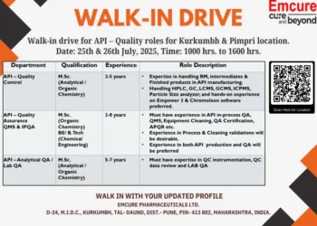 Emcure Pharmaceuticals Walk-In Drive – QC/QA/API Roles | 25th & 26th July!