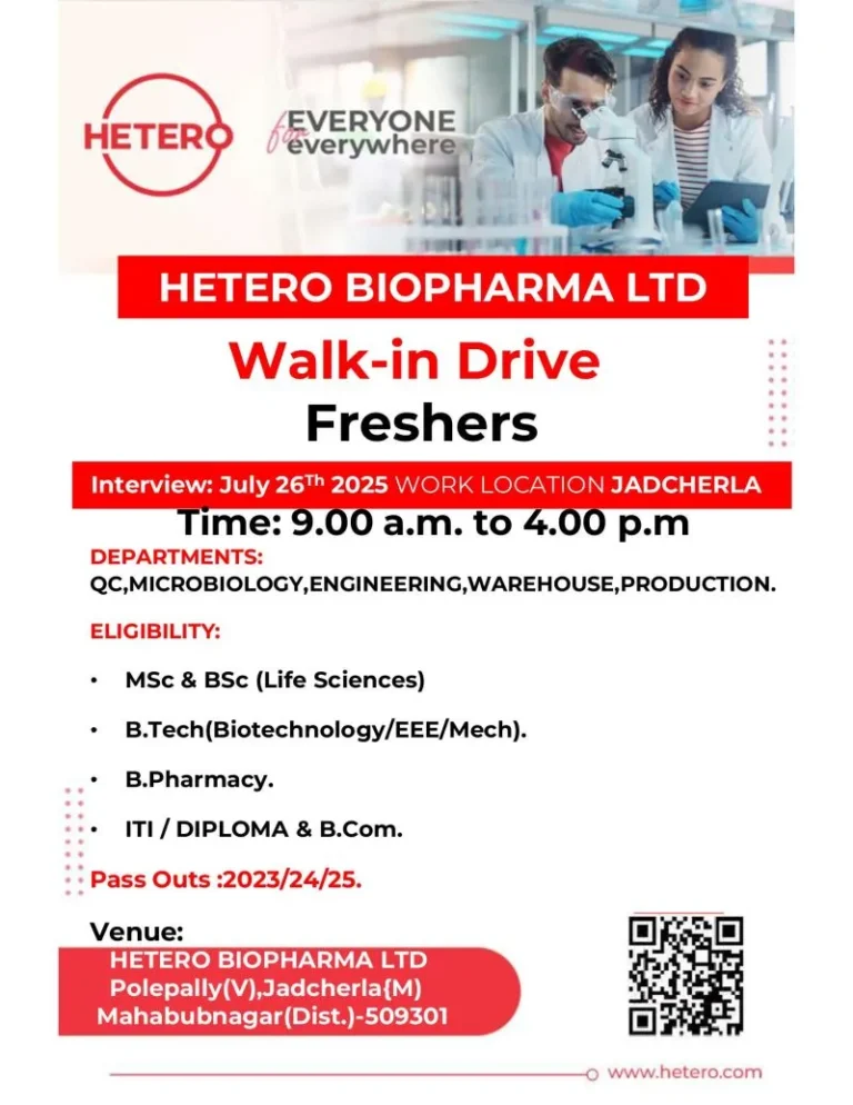 Hetero Biopharma Ltd – Walk-In Drive for Freshers on 26th July 2025