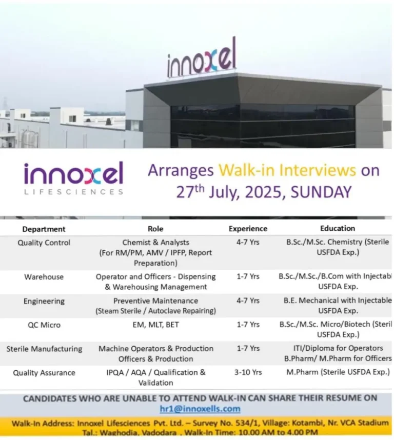 InnoXcel Lifesciences Announces Walk-In Interviews on 27th July 2025