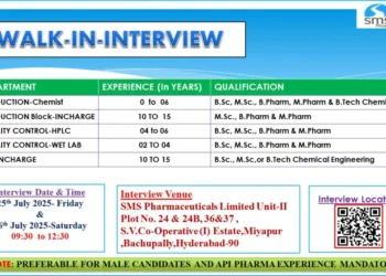 SMS Pharmaceuticals Ltd – Walk-In Interview in Hyderabad | 25th & 26th July 2025