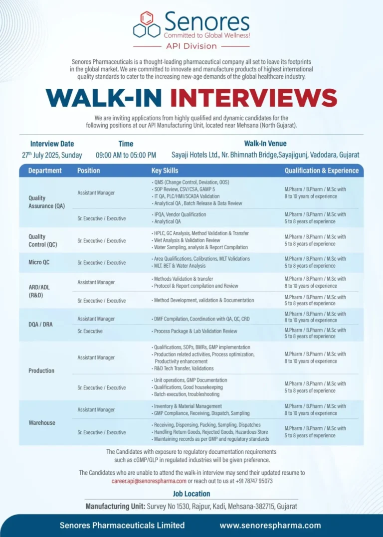 Senores Pharmaceuticals – Walk-In Interviews (API Division) on 27th July 2025 (Sunday)
