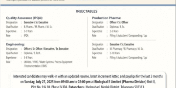 Biological E. Limited – Walk-In Interview for Injectable Division (27th July 2025)