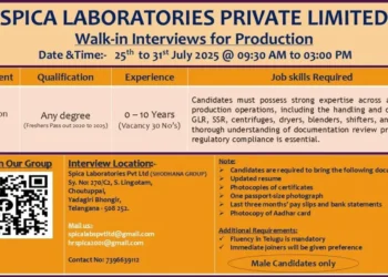 Walk-In Interviews at Spica Laboratories Pvt Ltd for Production (API) Department – 25th to 31st July 2025