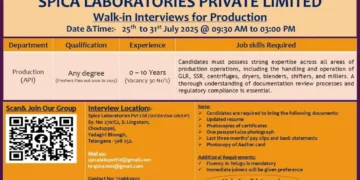 Walk-In Interviews at Spica Laboratories Pvt Ltd for Production (API) Department – 25th to 31st July 2025
