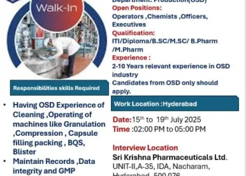 Sri Krishna Pharma Walk-In Drive: Hiring OSD Professionals in Hyderabad | 15th–19th July 2025