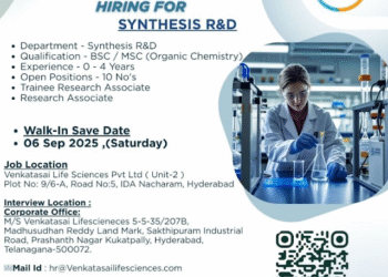 Venkatasai Life Sciences Pvt Ltd – Walk-in Drive for Synthesis R&D on 6th September 2025