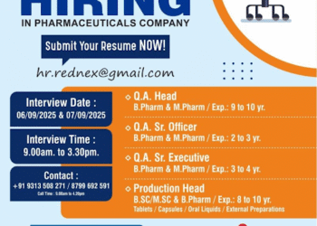 Rednex Pharmaceuticals Limited – Walk-in Interviews on 07 September 2025
