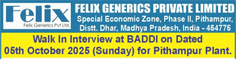 Felix Generics Pvt. Ltd. – Walk-In Interview on 05th October 2025