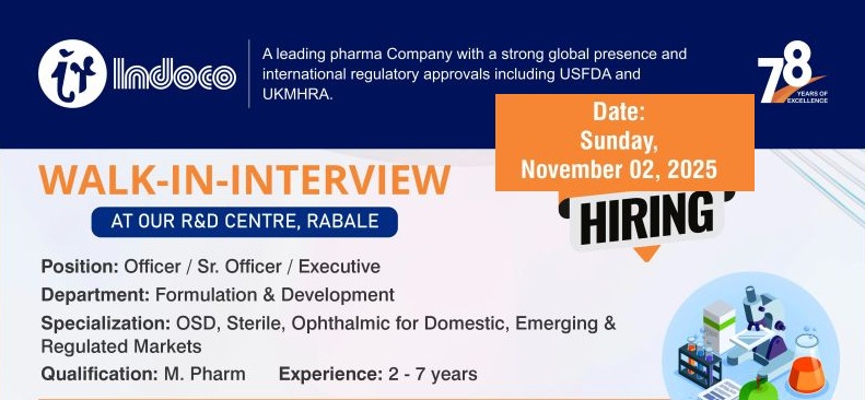 Indoco Remedies Ltd – Walk-In Interview for Formulation & Development Department on 2nd November 2025