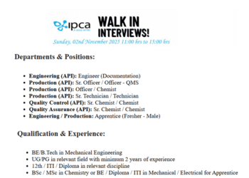 Ipca Laboratories Ltd – Walk-In Interviews for Freshers & Experienced on 2nd November 2025