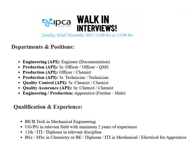 Ipca Laboratories Ltd – Walk-In Interviews for Freshers & Experienced on 2nd November 2025