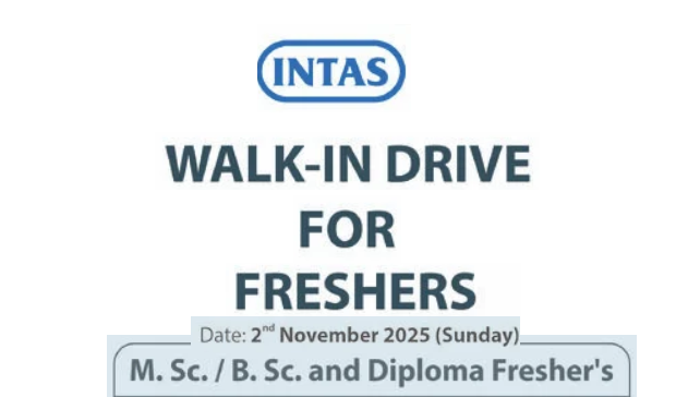 Intas Pharmaceuticals Ltd – Walk-In Drive for Freshers on 2nd November 2025