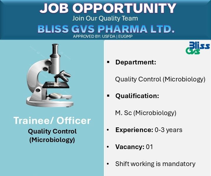 Bliss GVS Pharma Ltd – Job Openings for Quality Control (Microbiology) Department