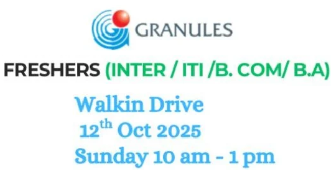 Granules India Ltd – Walk-In Drive for Freshers (Inter / ITI / B.Com / B.A) on 12th October 2025