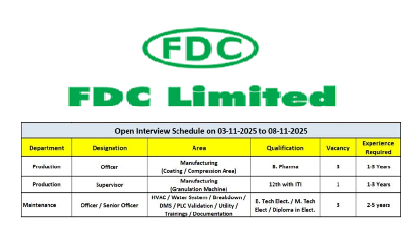 FDC Limited – Open Interviews for Production & Maintenance Departments | 3rd to 8th November 2025