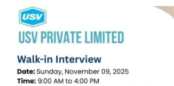 USV Private Limited – Walk-In Interview for Multiple Departments on 09 November 2025