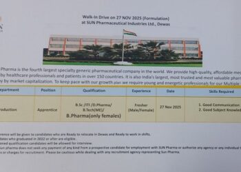 Sun Pharma – Walk-in Interviews for Production (Apprentice) on 27th November 2025