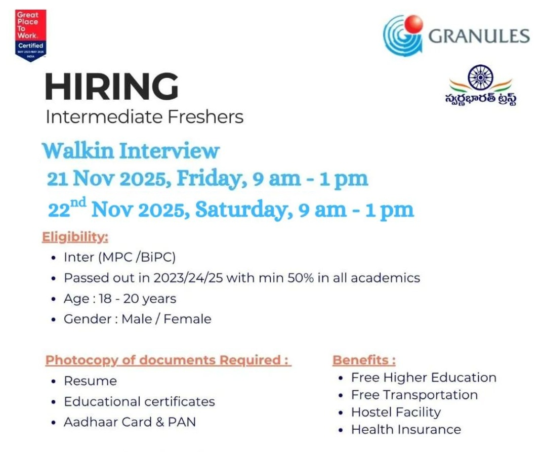 Granules India Ltd – Walk-In Interviews for Intermediate Freshers on 21st & 22nd November 2025