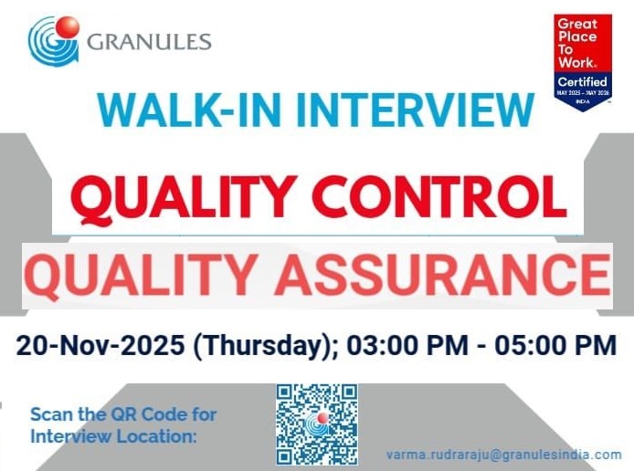 Granules India Ltd – Walk-In Interview for QA & QC Departments on 20 November 2025