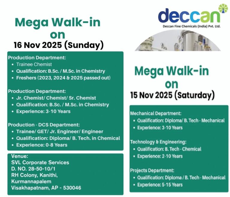 Deccan Fine Chemicals (India) Pvt. Ltd. – Mega Walk-In Interviews on 15th & 16th November 2025