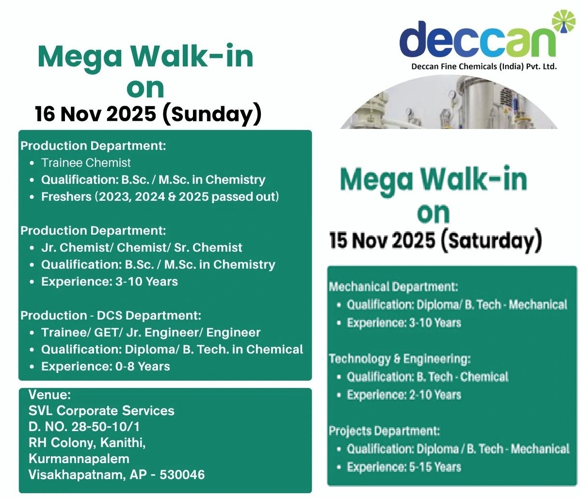 Deccan Fine Chemicals (India) Pvt. Ltd. – Mega Walk-In Interviews on 15th & 16th November 2025
