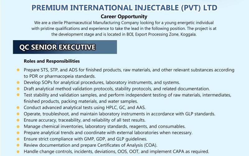 Premium International Injectable (Pvt) Ltd – Hiring for QC Senior Executive Position