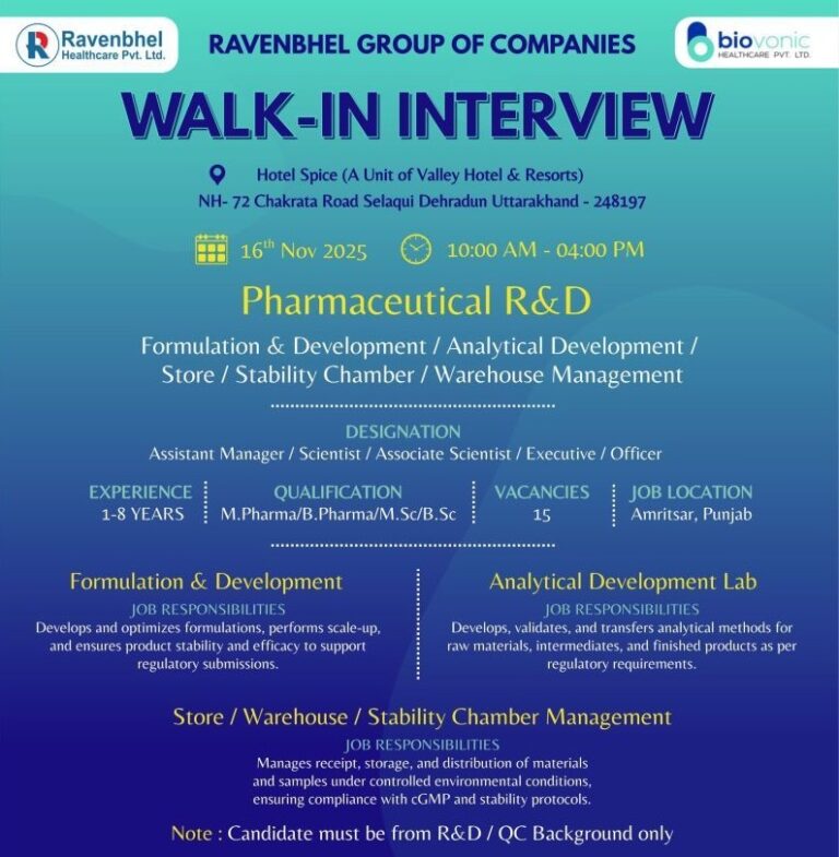 Ravenbhel Group of Companies – Walk-In Interview for Multiple Department on 16th November 2025