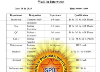 Sudarshan Pharma Industries Ltd. – Walk-In Interviews for Multiple Departments (Fresher) on 15th November 2025