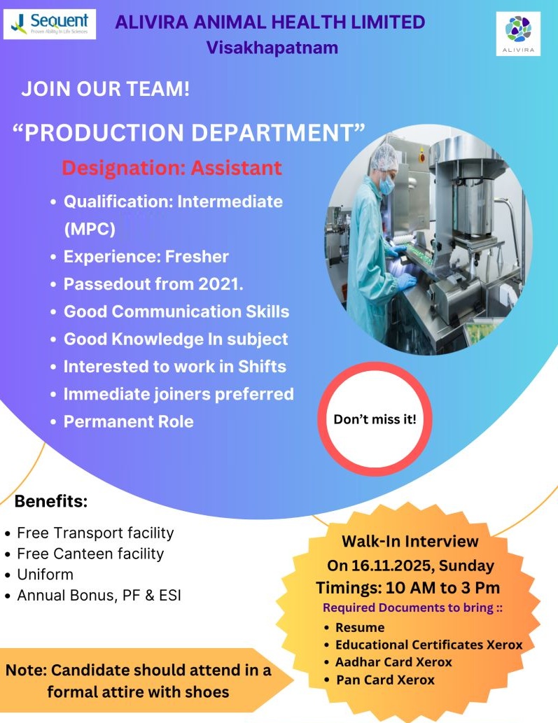 Alivira Animal Health Limited – Walk-In Interview for Production Department on 16 November 2025