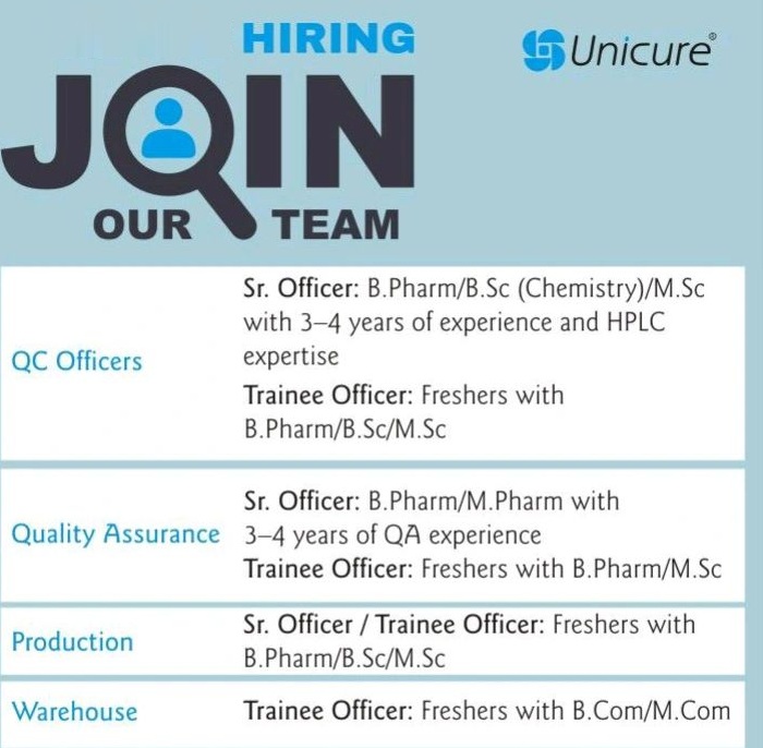 UNICURE PHARMA – CAREER OPPORTUNITIES FOR MULTIPLE DEPARTMENTS ||