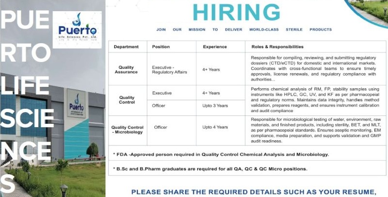 Puerto Life Sciences – Hiring for QA, QC & Microbiology Roles ||