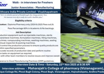 Pfizer – Walk-in Interviews for Freshers: Junior Associates – Manufacturing  on 22nd Nov 2025
