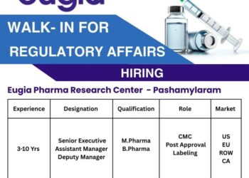 Eugia Pharma – Walk-In for Regulatory Affairs on 23rd November 2025