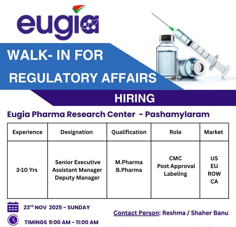 Eugia Pharma – Walk-In for Regulatory Affairs on 23rd November 2025