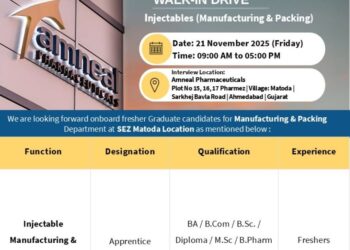 Amneal Pharmaceuticals – Walk-In Drive for Injectables (Manufacturing & Packing) on 21st November 2025