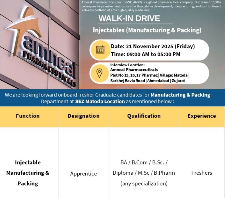 Amneal Pharmaceuticals – Walk-In Drive for Injectables (Manufacturing & Packing) on 21st November 2025