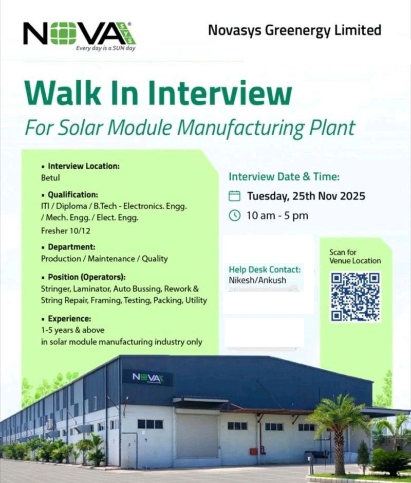 Novasys Greenenergy Limited – Walk-in Interviewfor Solar Module Manufacturing Plant on 25th November 2025