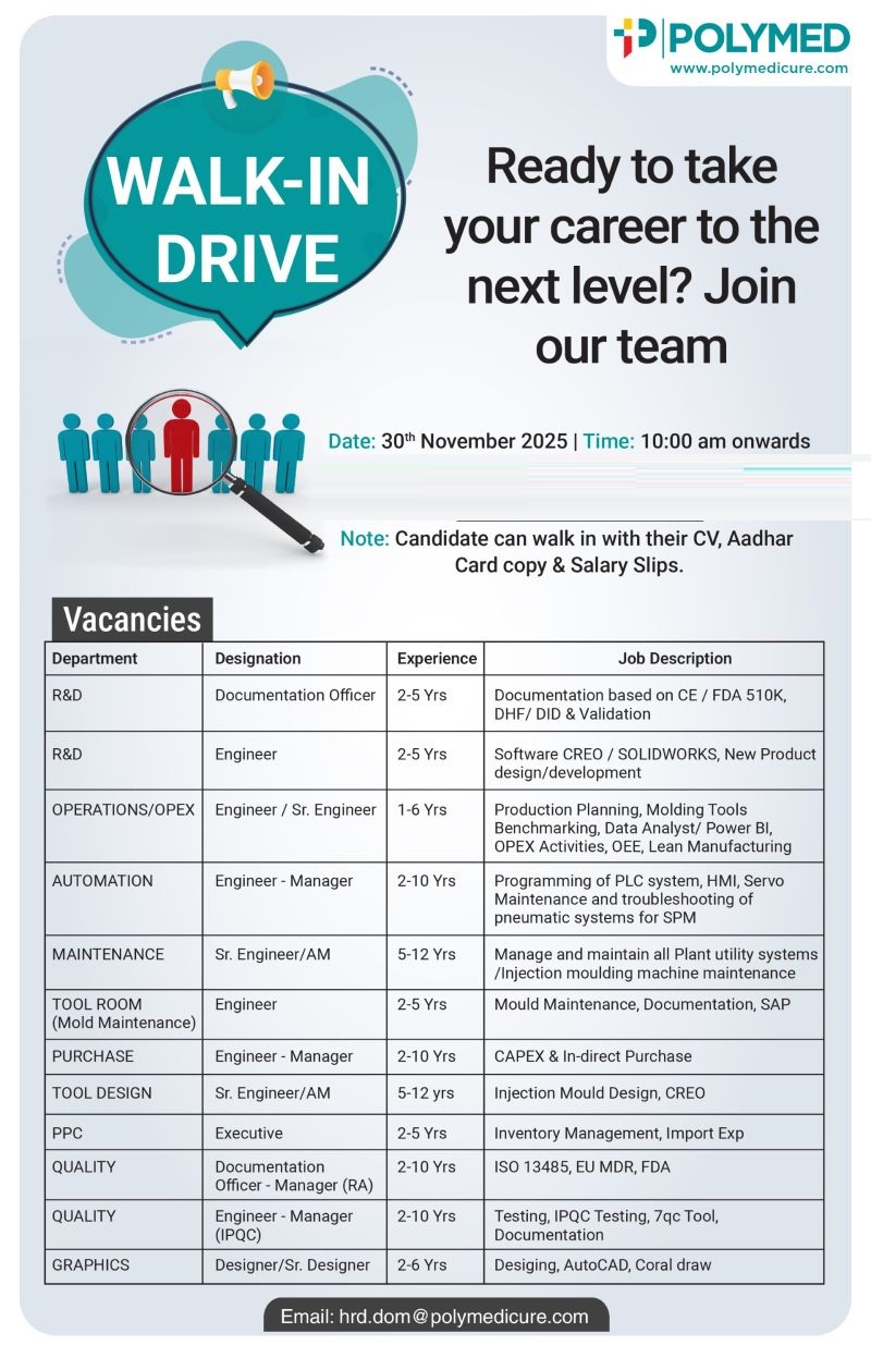 Poly Medicure Limited – Walk-In Drive for Multiple Departments on 30th November 2025