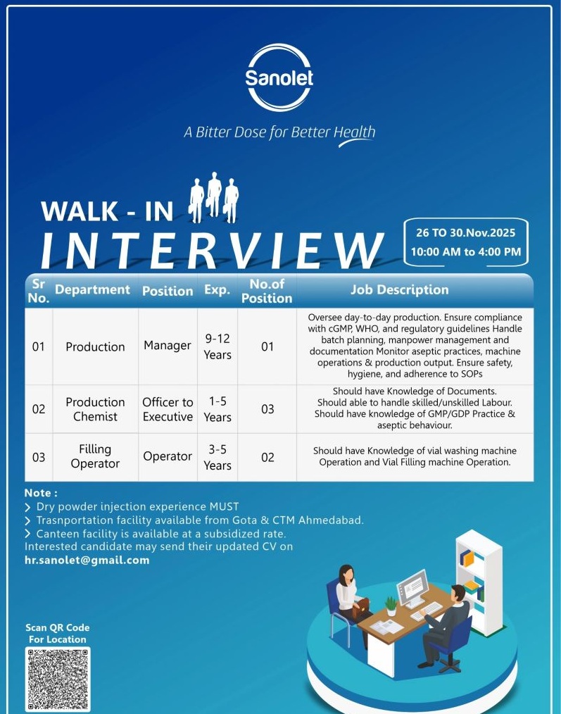 Sanolet Lifecare Pvt. Ltd. – Walk-In Interview for Production, QC & Filling Operator on 26th to 30th November 2025