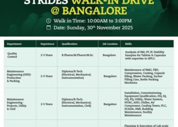 Strides Pharma – Walk-In Drive for QC, Maintenance Engineering & F&D Departments on 30th November 2025