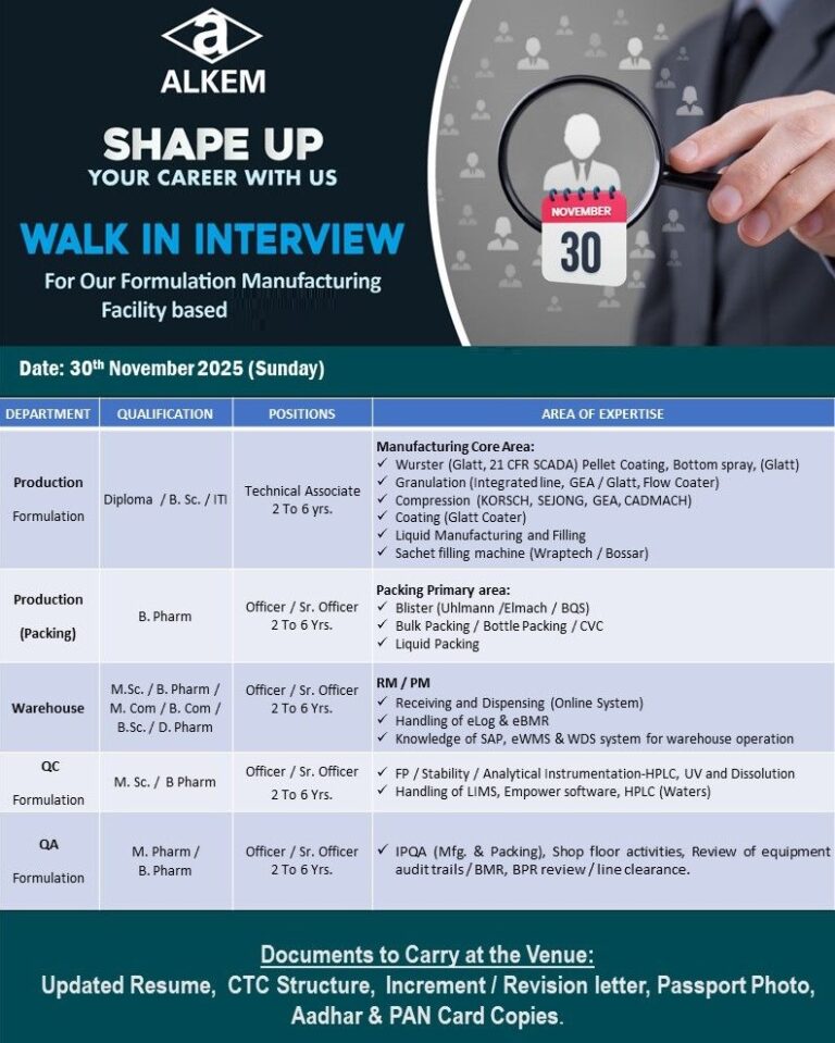 Alkem Laboratories – Walk-In Interview for Production, QC, QA and Warehouse Department on 30th November 2025