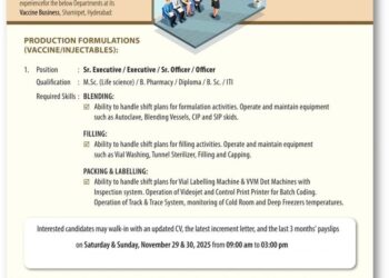 Biological E. Limited – Walk-In Interview for Production Formulations (Vaccine/Injectables) on 29th & 30th November 2025