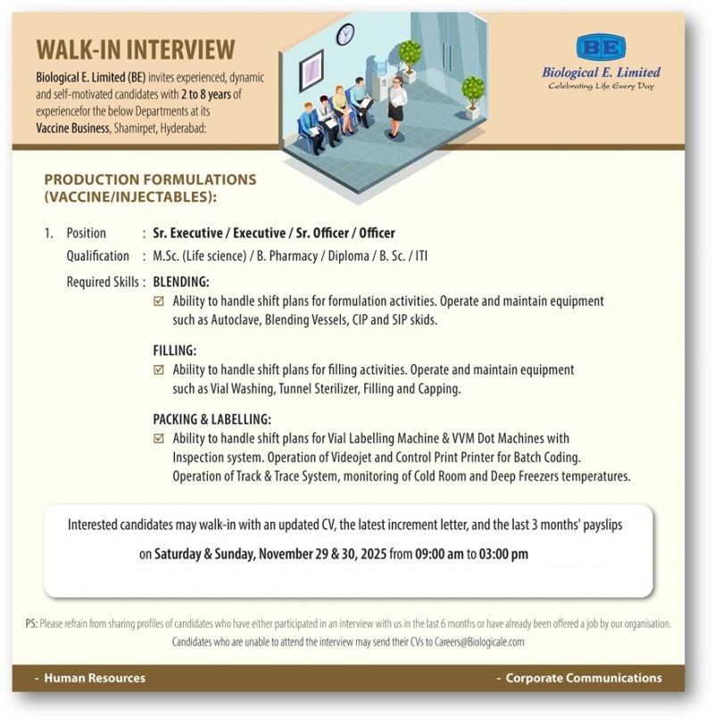 Biological E. Limited – Walk-In Interview for Production Formulations (Vaccine/Injectables) on 29th & 30th November 2025