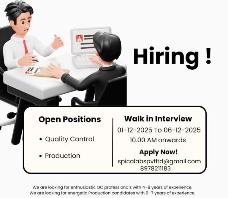 SPICA Laboratories Pvt. Ltd. – Walk-In Interview for QC & Production on 01 to 06 December 2025