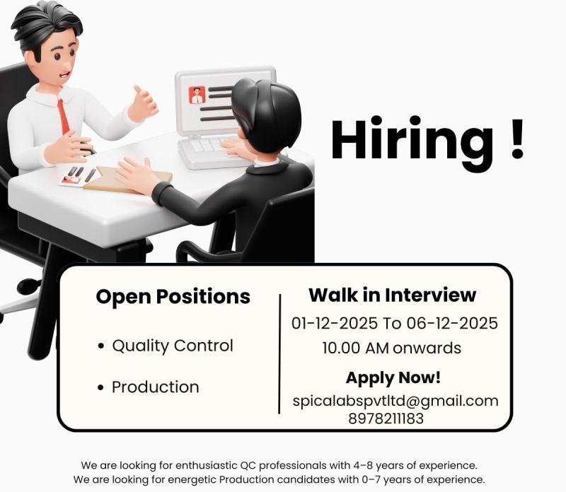 SPICA Laboratories Pvt. Ltd. – Walk-In Interview for QC & Production on 01 to 06 December 2025