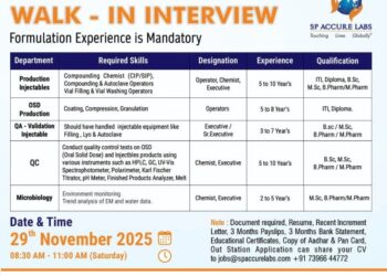 SP Accure Labs – Walk-In Interview for Multiple Departments on 29th November 2025