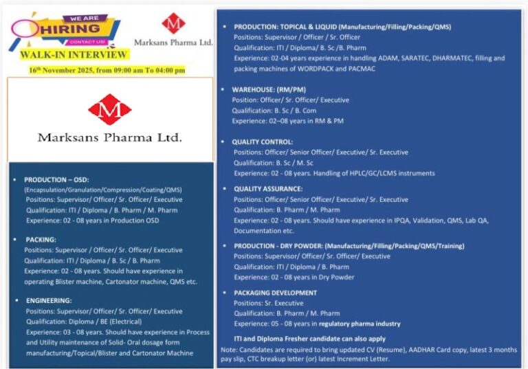 Marksans Pharma Ltd – Walk-In Interview for Multiple Departments on 16th November 2025